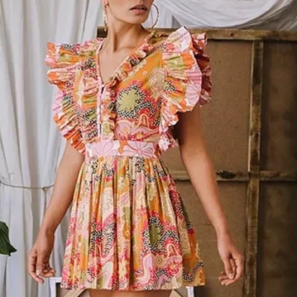 Celia B Floral Lirio Flutter Sleeve Floral Mini Dress Orange Pink Women’s M - Picture 2 of 11